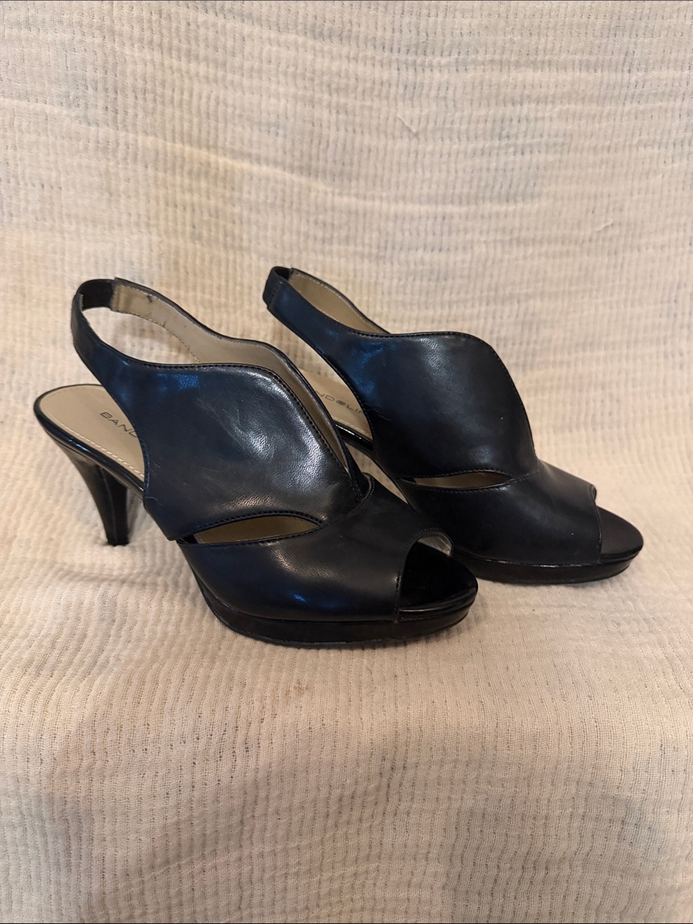 Bandolino Black Leather Peep-Toe Slingback Heels
